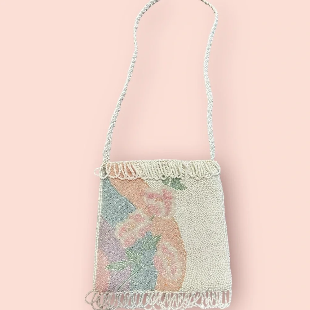 Vintage 80s Beaded Floral Purse | Pastel Boho Y2K Vibes 🌸 - Picture 1 of 6